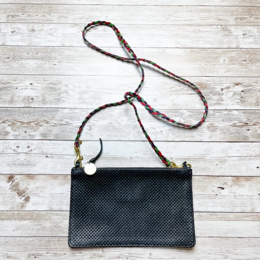 Clare V Wallet Clutch w/Tabs Black Perf and Mini Braided Crossbody Strap